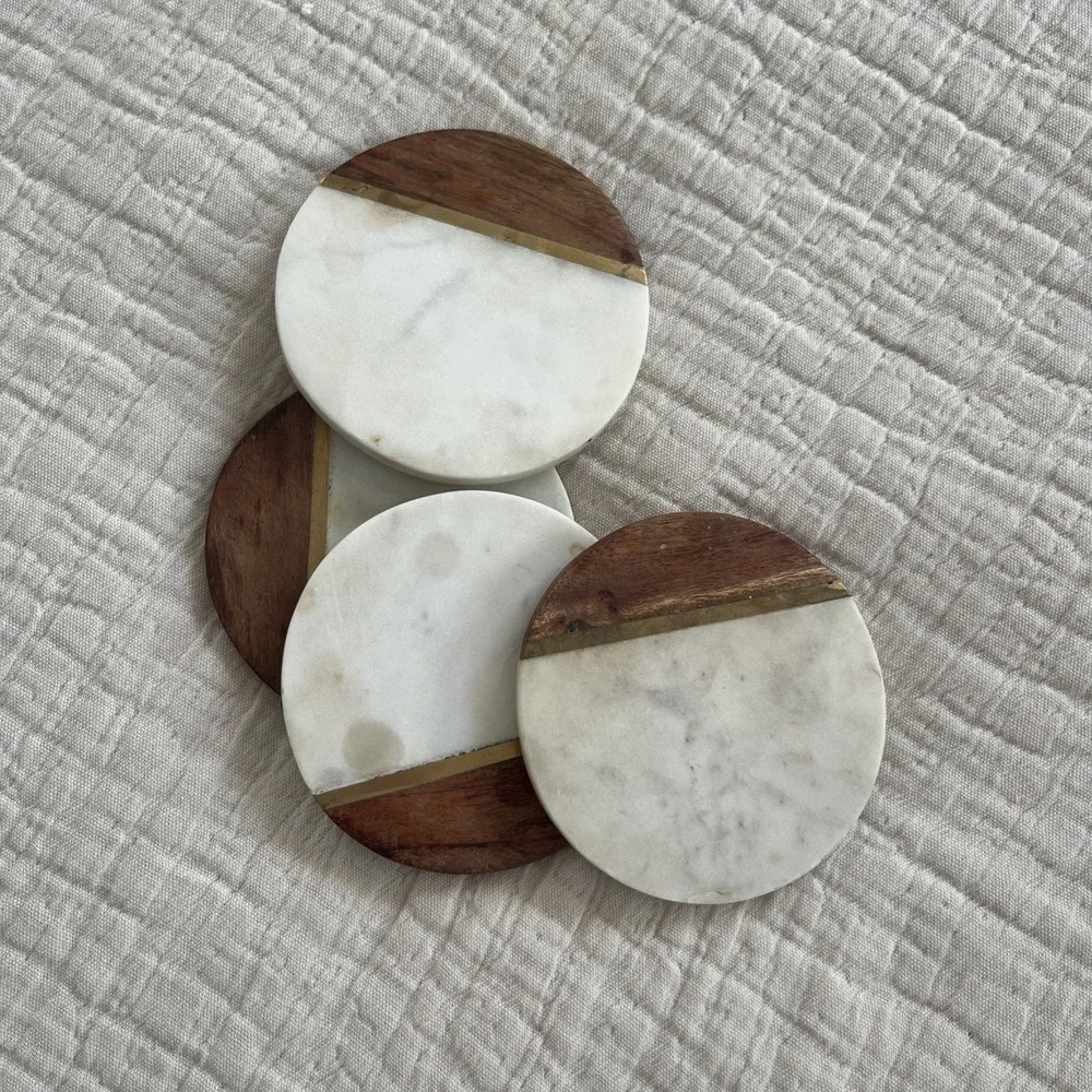 Hand Carved‎ Marble Brass & Wood Coasters - Set of 4